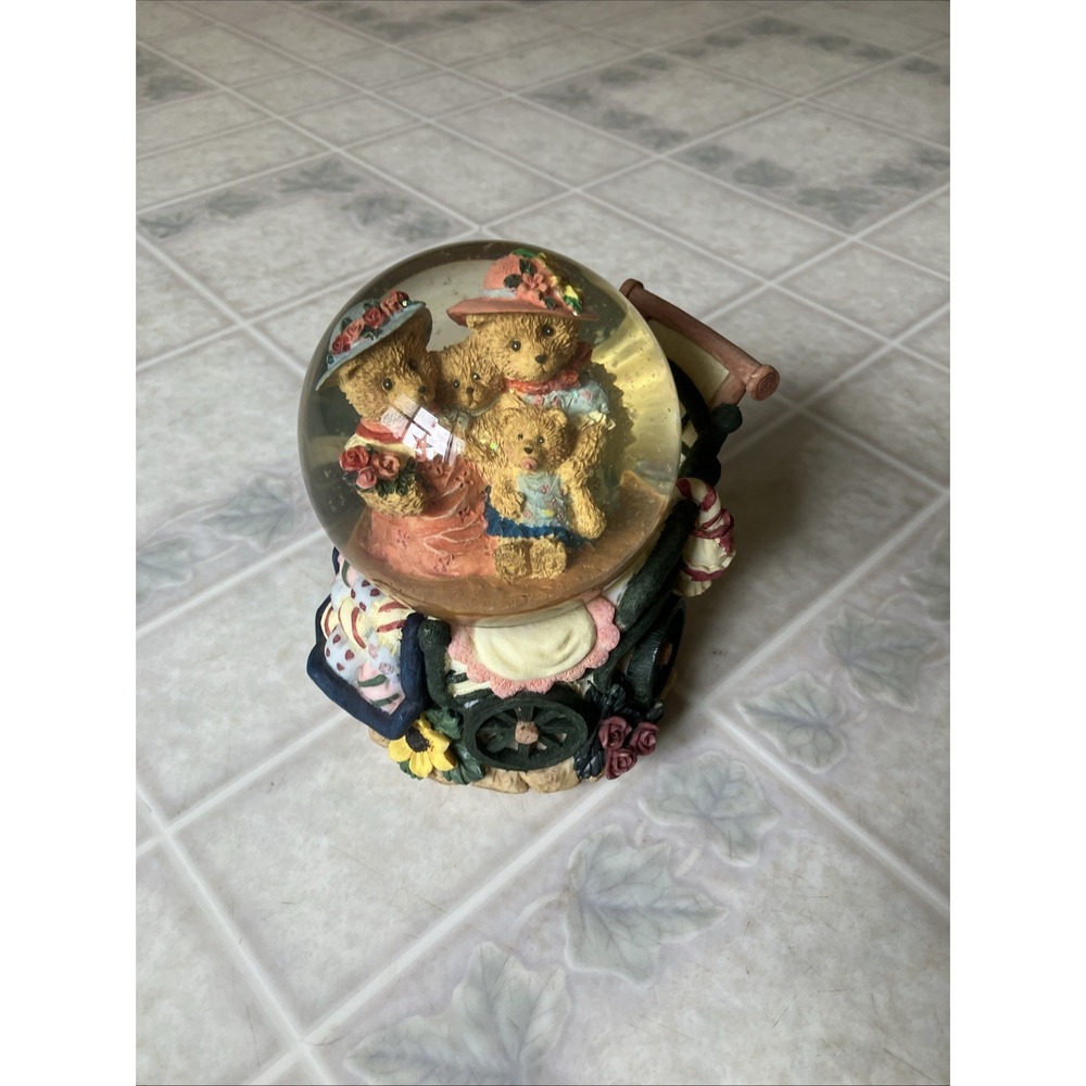Victorian Teddy Bear Family Musical Snowglobe Plays There's No Place Like Home